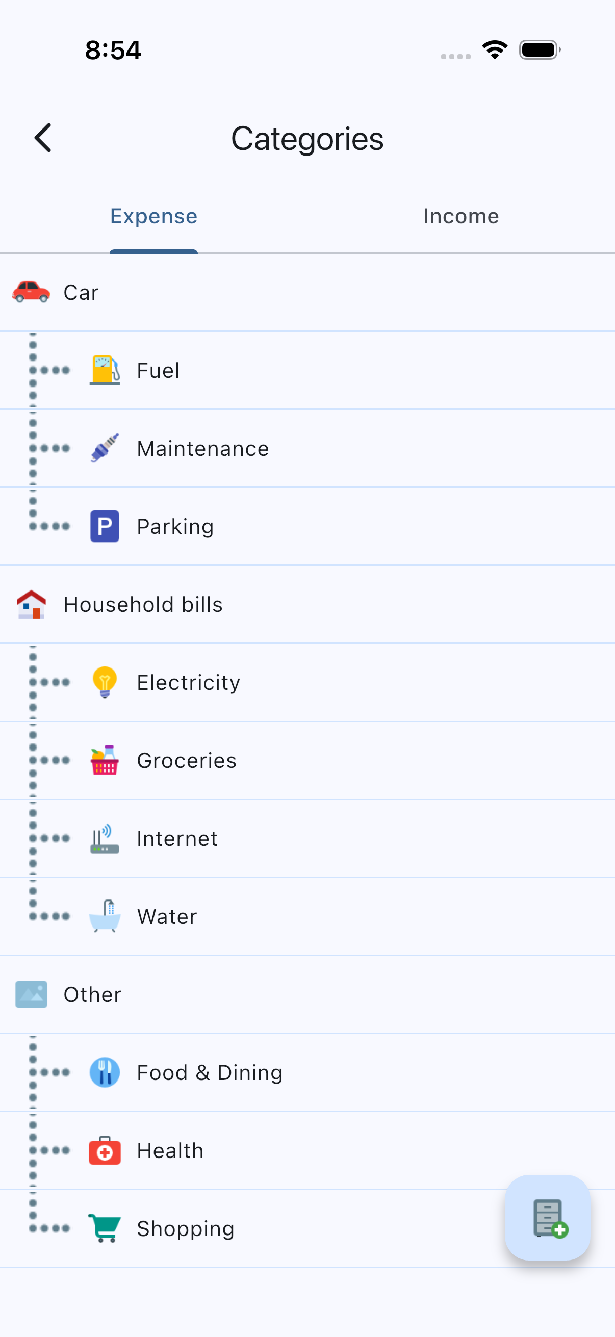 Spendmori category list with expense and income tabs