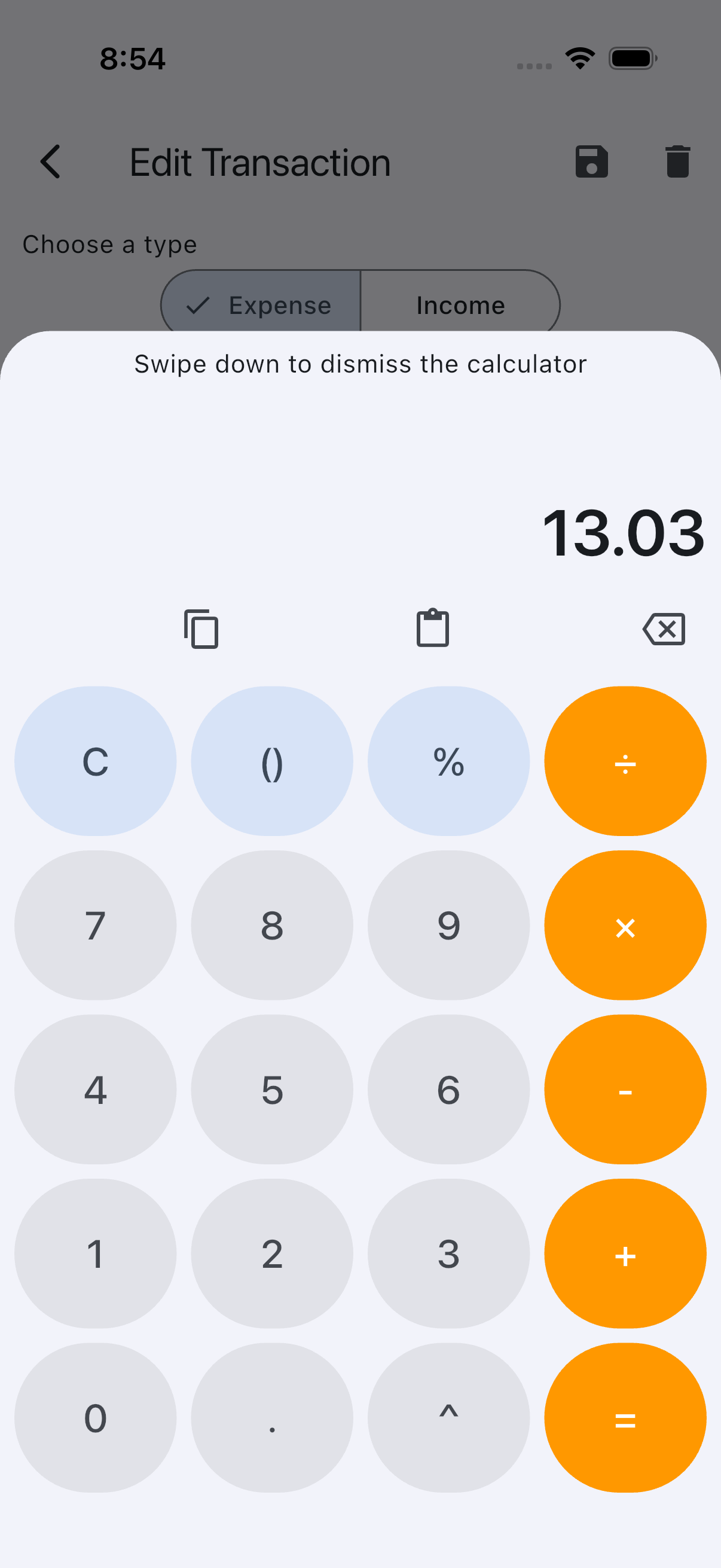 Spendmori calculator for entering a transaction amount