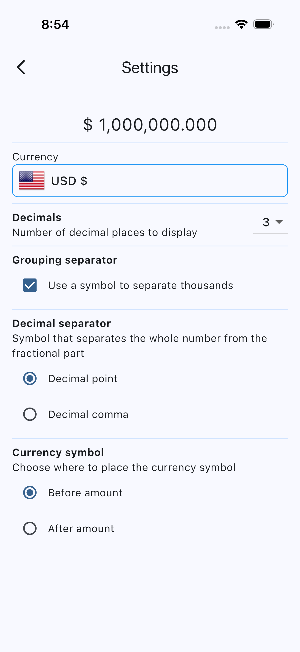 Spendmori settings for currency and number formatting