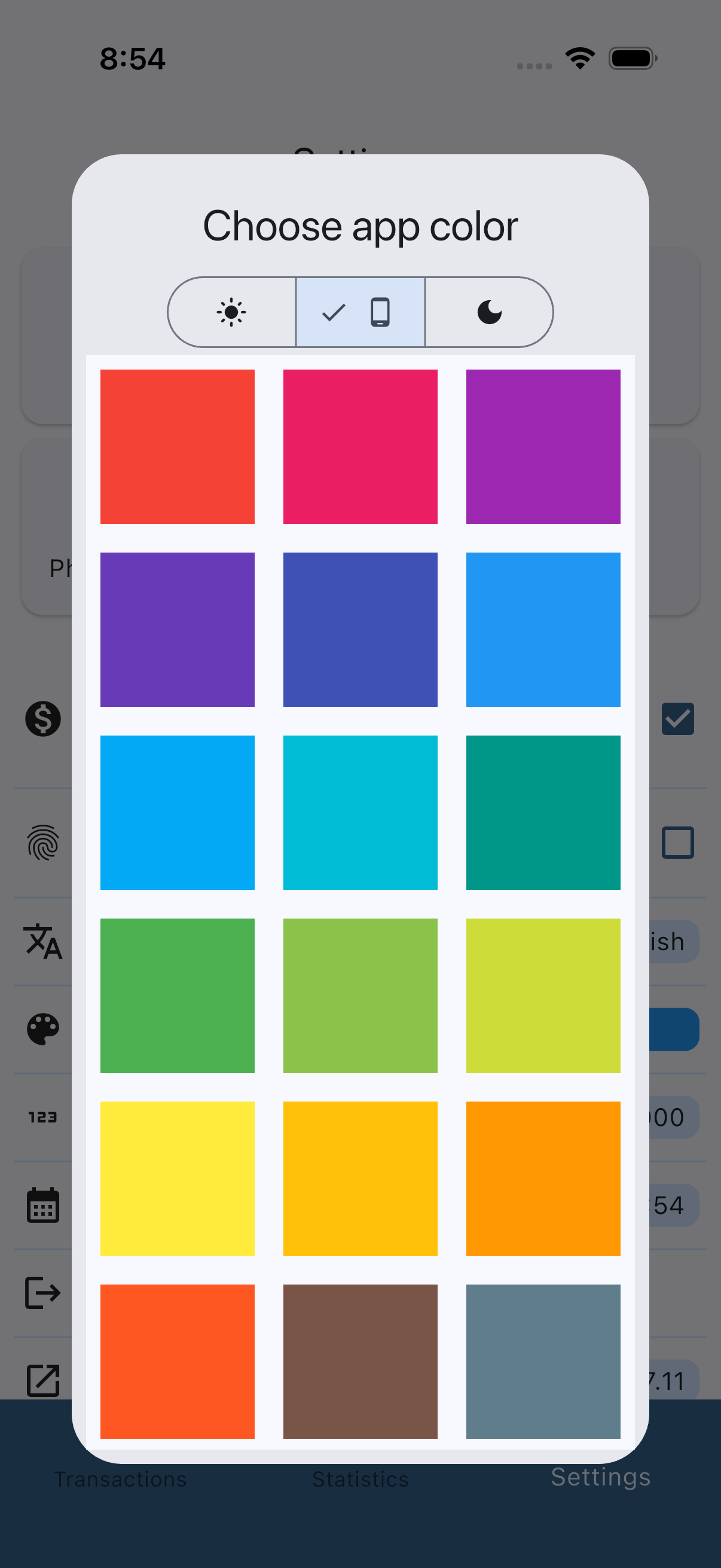 Spendmori app color chooser with light, system, and dark options